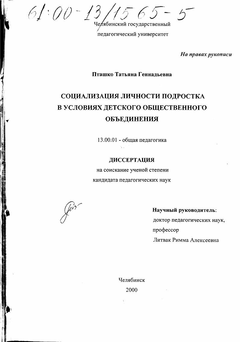 скачать диссертацию Социализация личности подростка в условиях детского общественного объединения Социализация личности подростка в условиях детского общественного объединения
