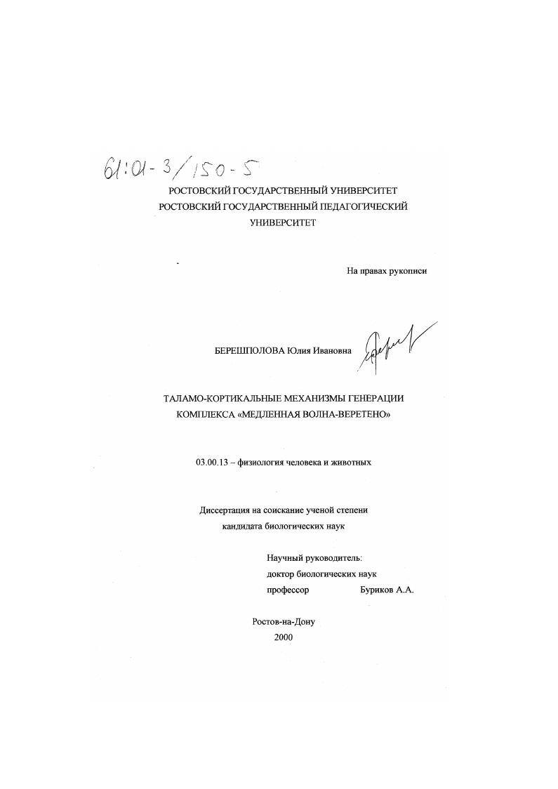 Таламо-кортикальные механизмы генерации комплекса "медленная волна-веретено"