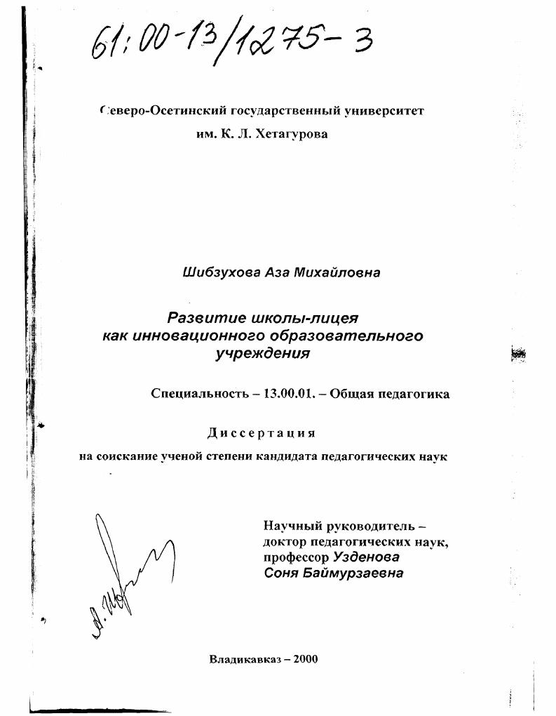 скачать диссертацию Развитие школы-лицея как инновационного образовательного учреждения Развитие школы-лицея как инновационного образовательного учреждения
