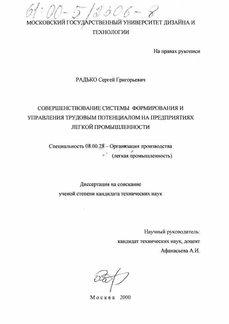 Совершенствование системы формирования и управления трудовым потенциалом на предприятиях легкой промышленности