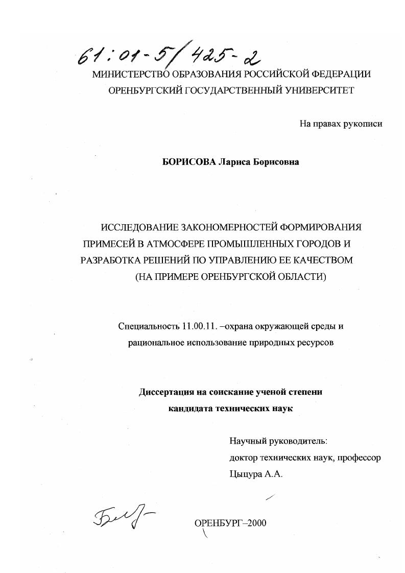 Исследование закономерностей формирования примесей в атмосфере промышленных городов и разработка решений по управлению ее качеством : На примере Оренбургской области