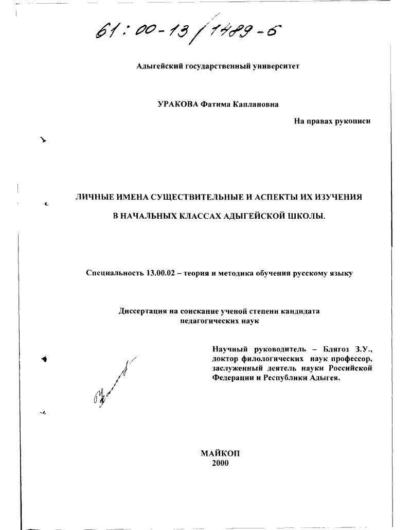 скачать диссертацию Личные имена существительные и аспекты их изучения в начальных классах адыгейской школы Личные имена существительные и аспекты их изучения в начальных классах адыгейской школы