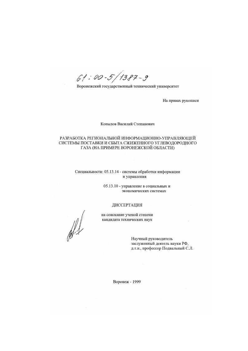 Разработка региональной информационно-управляющей системы поставки и сбыта сжиженного углеводородного газа : На примере Воронежской области