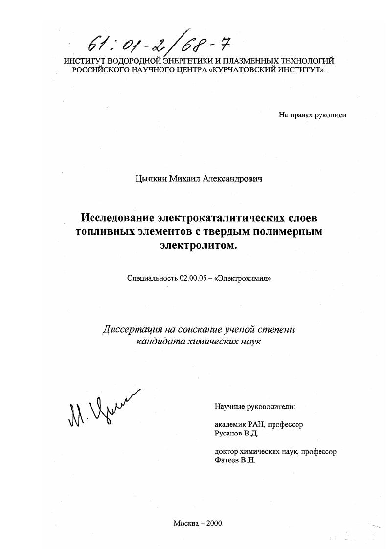 Исследование электрокаталитических слоев топливных элементов с твердым полимерным электролитом