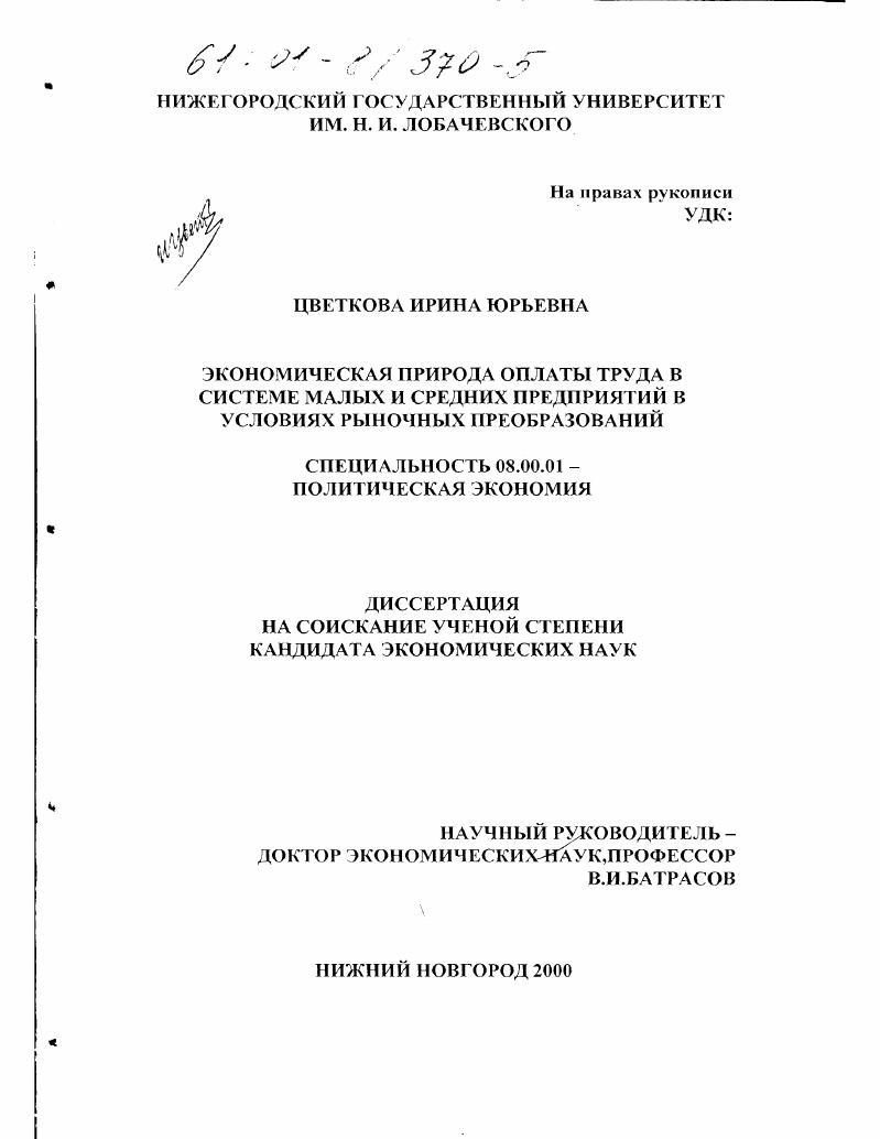 Экономическая природа оплаты труда в системе малых и средних предприятий в условиях рыночных преобразований