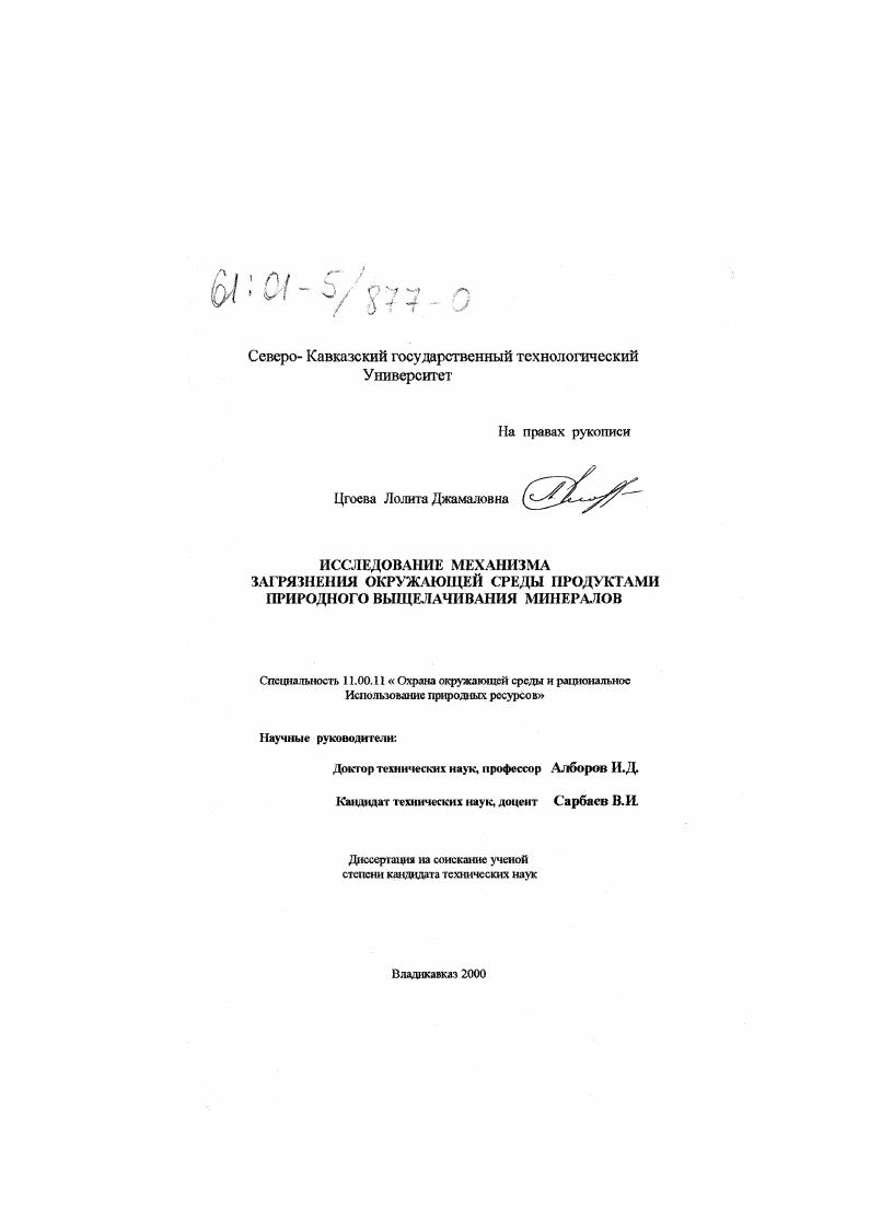 скачать диссертацию Исследование механизма загрязнения окружающей среды продуктами природного выщелачивания минералов Исследование механизма загрязнения окружающей среды продуктами природного выщелачивания минералов