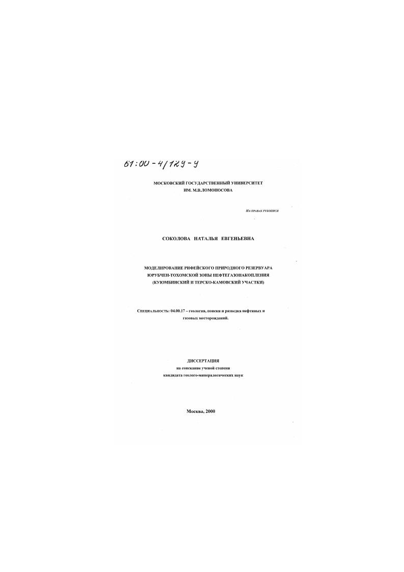 скачать диссертацию Моделирование рифейского природного резервуара Юрубчен-Тохомской зоны нефтегазонакопления : Куюмбинский и Терско-Камовский участки Моделирование рифейского природного резервуара Юрубчен-Тохомской зоны нефтегазонакопления : Куюмбинский и Терско-Камовский участки