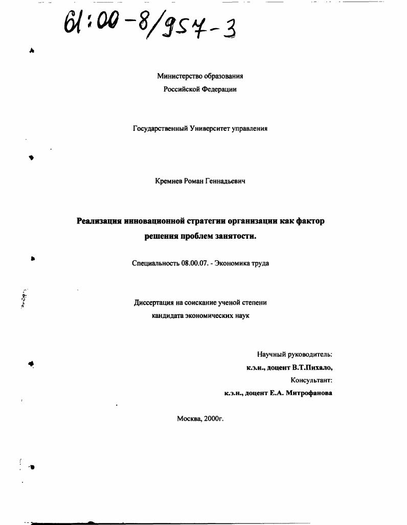 Реализация инновационной стратегии организации как фактор решения проблем занятости
