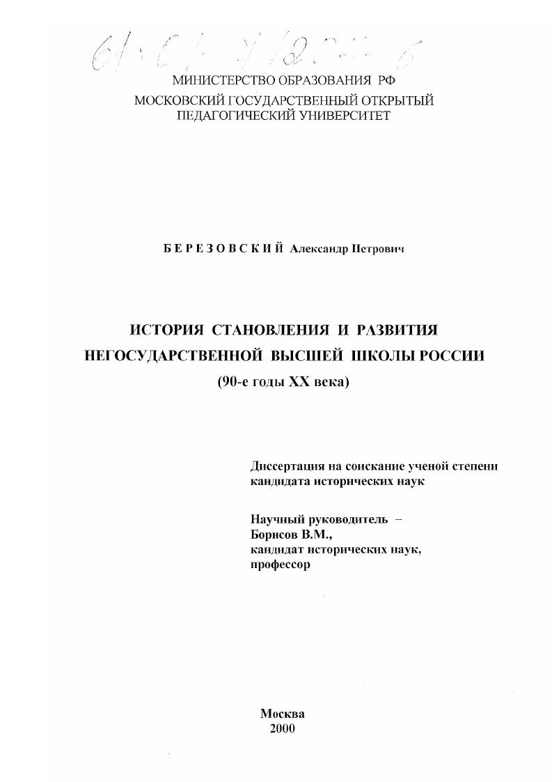 История становления и развития негосударственной высшей школы России : 90-е годы XX века