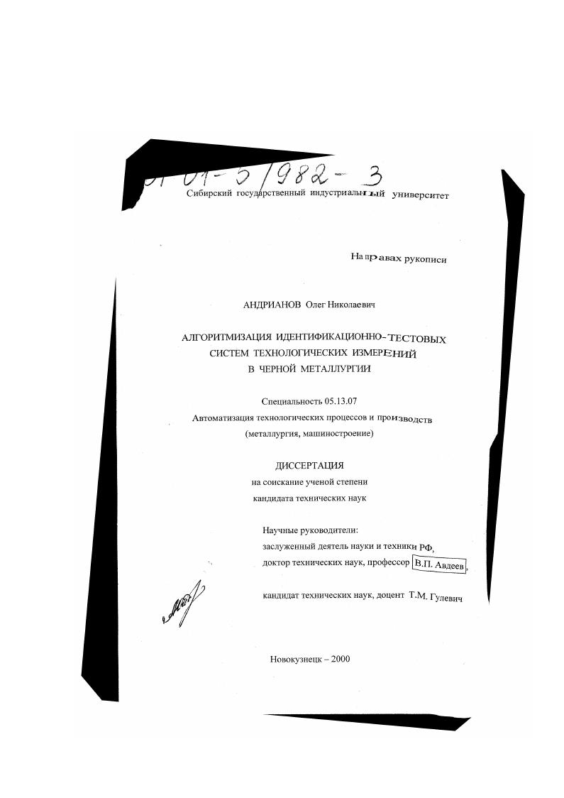 Алгоритмизация идентификационно-тестовых систем технологических измерений в черной металлургии