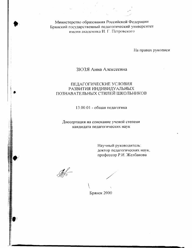 скачать диссертацию Педагогические условия развития индивидуальных познавательных стилей школьников Педагогические условия развития индивидуальных познавательных стилей школьников