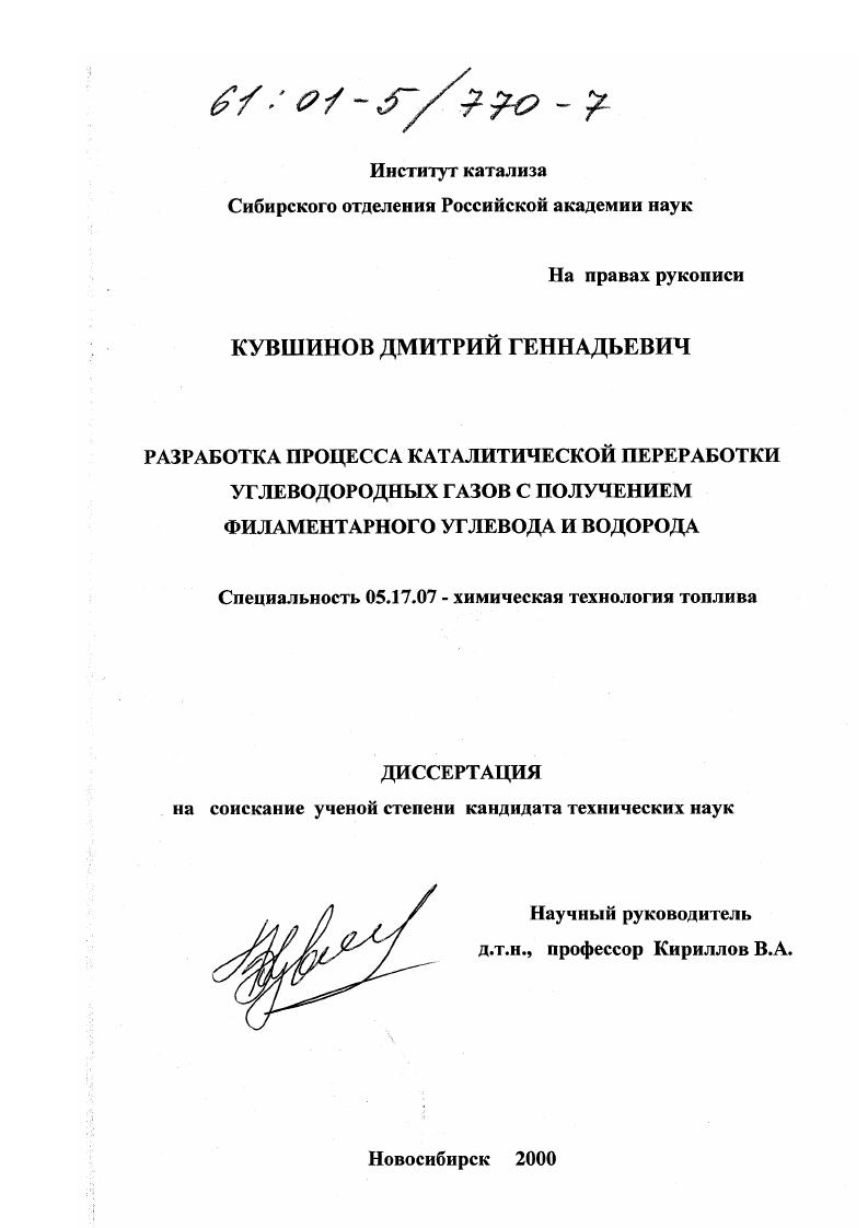 Разработка процесса каталитической переработки углеводородных газов с получением филаментарного углерода и водорода