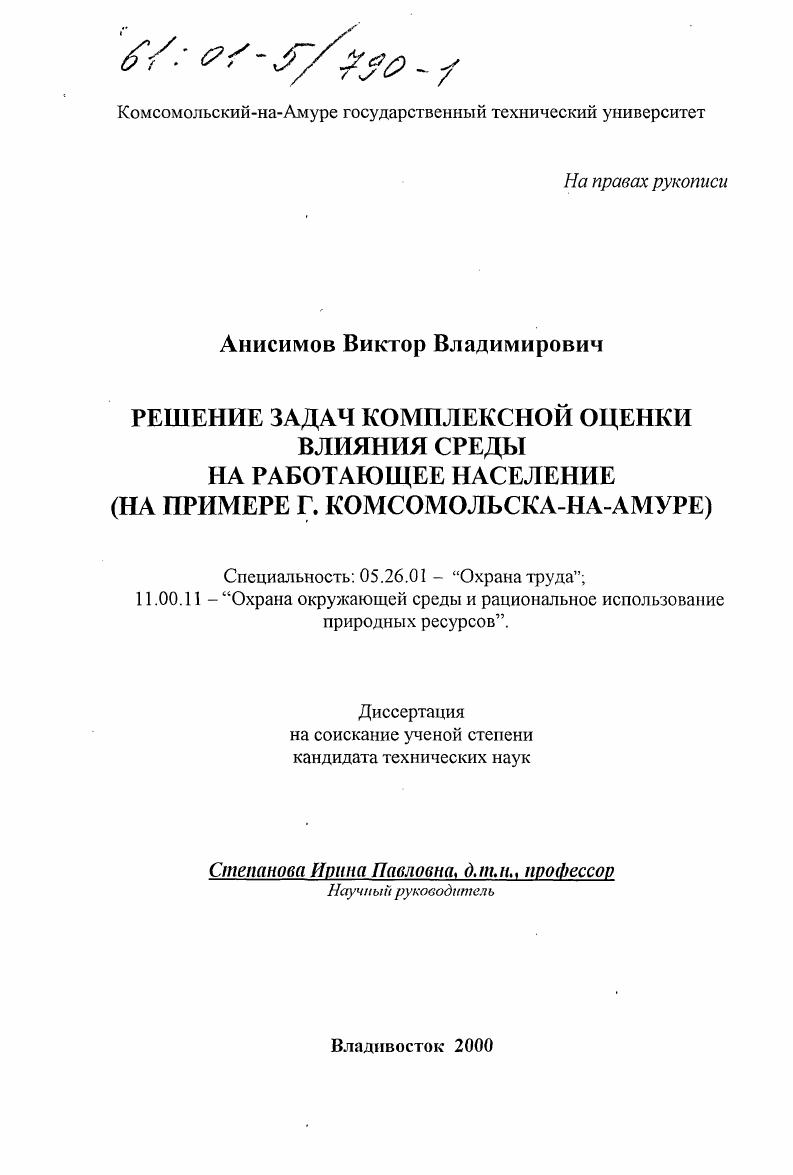 Решение задач комплексной оценки влияния среды на работающее население : На примере г. Комсомольска-на-Амуре