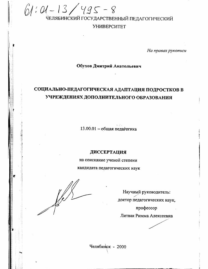 скачать диссертацию Социально-педагогическая адаптация подростков в учреждениях дополнительного образования Социально-педагогическая адаптация подростков в учреждениях дополнительного образования