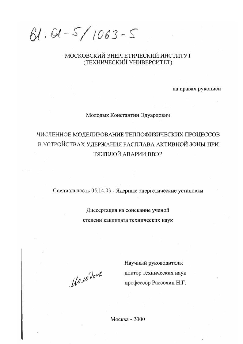 Численное моделирование теплофизических процессов в устройствах удержания расплава активной зоны при тяжелой аварии ВВЭР