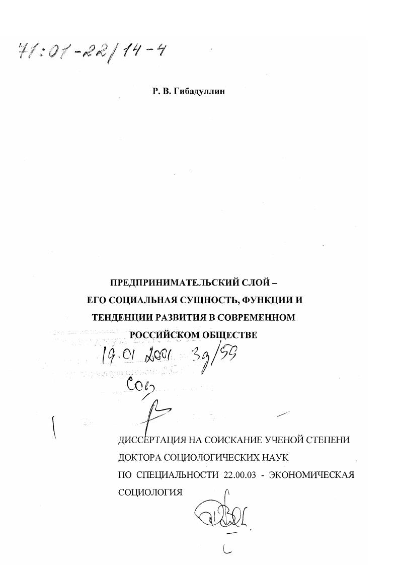 Предпринимательский слой - его социальная сущность, функции и тенденции развития в современном российском обществе