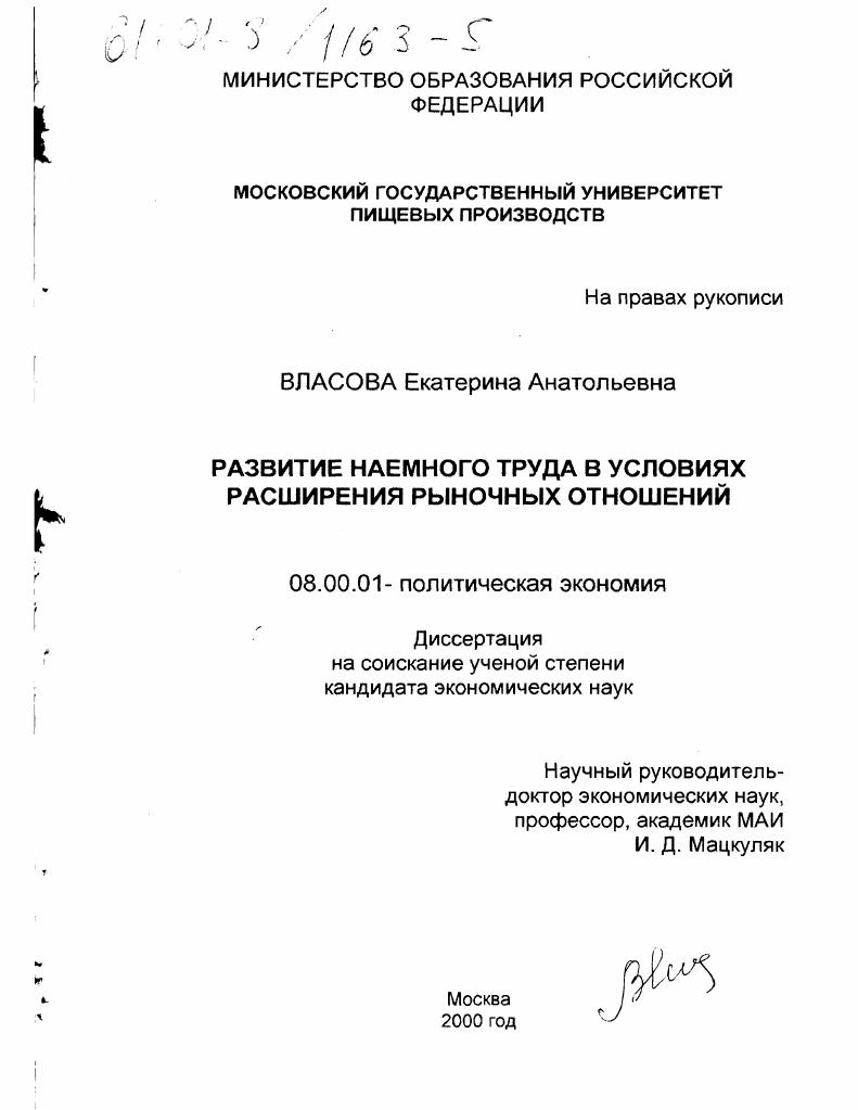 скачать диссертацию Развитие наемного труда в условиях расширения рыночных отношений Развитие наемного труда в условиях расширения рыночных отношений