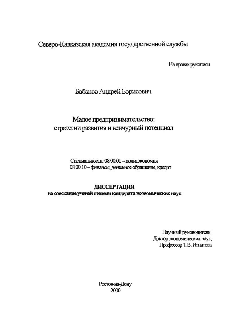 Малое предпринимательство : Стратегии развития и венчурный потенциал