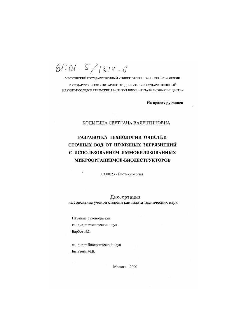 Разработка технологии очистки сточных вод от нефтяных загрязнений с использованием иммобилизованных микроорганизмов-биодеструкторов