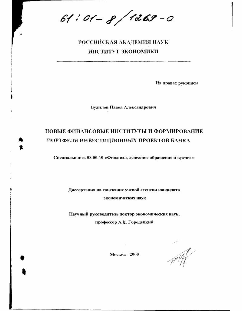 скачать диссертацию Новые финансовые институты и формирование портфеля инвестиционных проектов банка Новые финансовые институты и формирование портфеля инвестиционных проектов банка