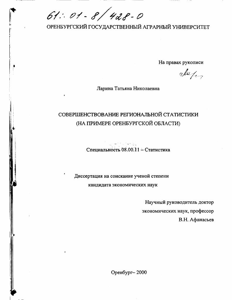 Совершенствование региональной статистики : На примере Оренбургской области