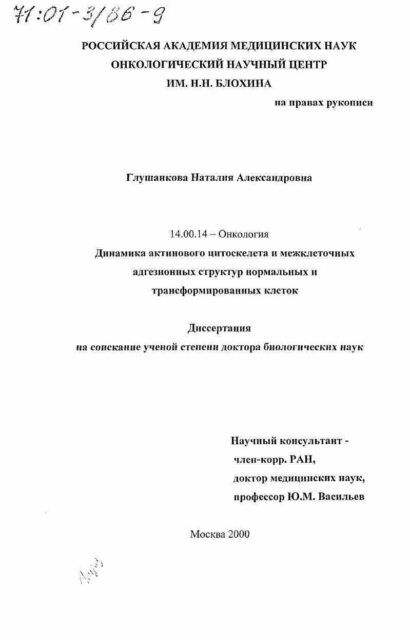 Динамика актинового цитоскелета и межклеточных адгезионных структур нормальных и трансформированных клеток