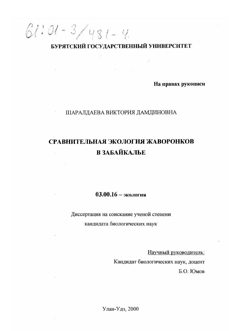 Сравнительная экология жаворонков в Забайкалье