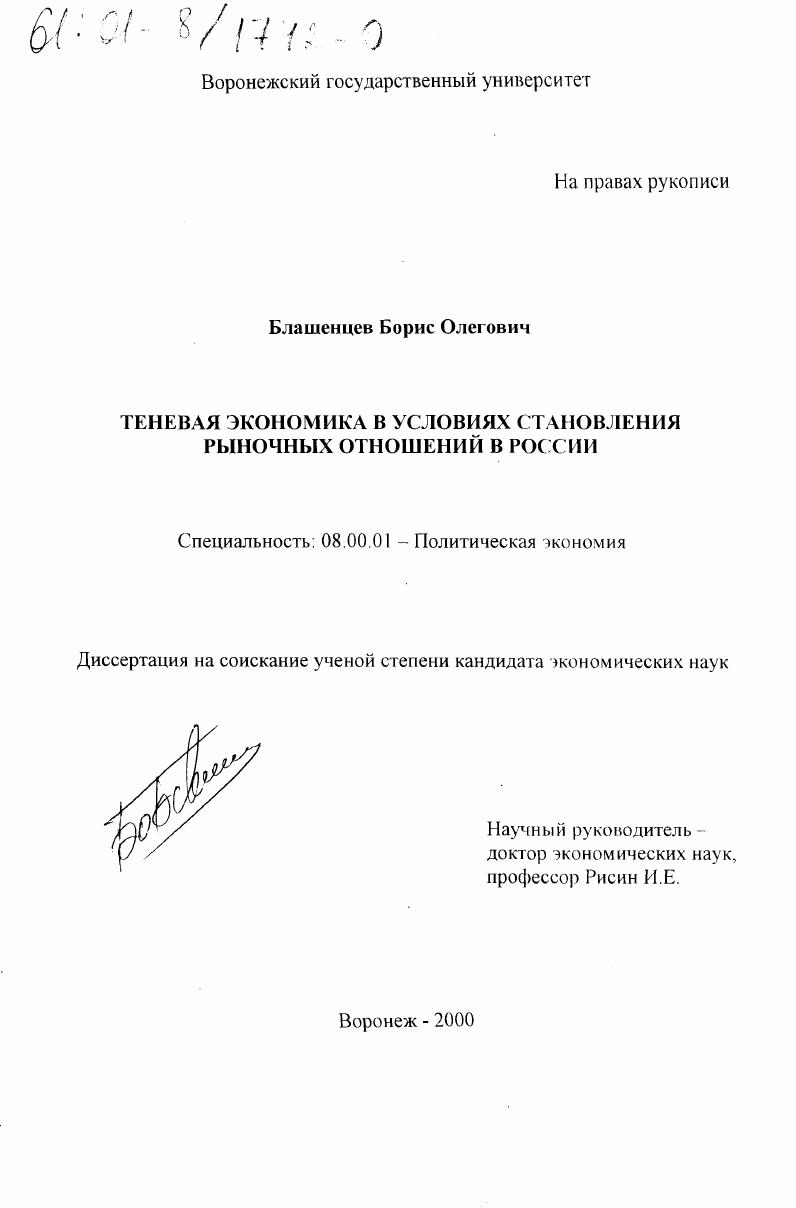 Теневая экономика в условиях становления рыночных отношений в России