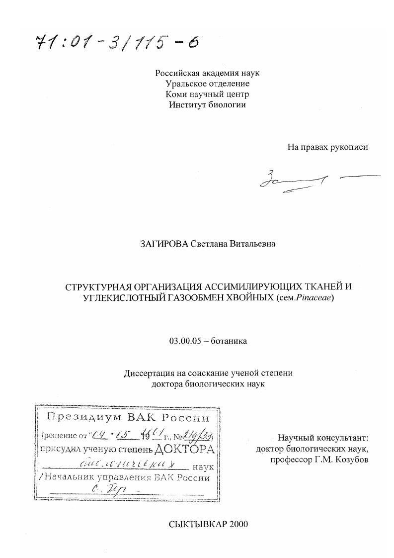 Структурная организация ассимилирующих тканей и углекислотный газообмен хвойных : Сем. Pinaceae