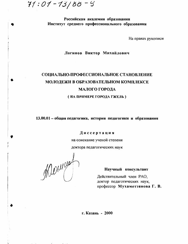 Социально-профессиональное становление молодежи в образовательном комплексе малого города : На примере города Гжель