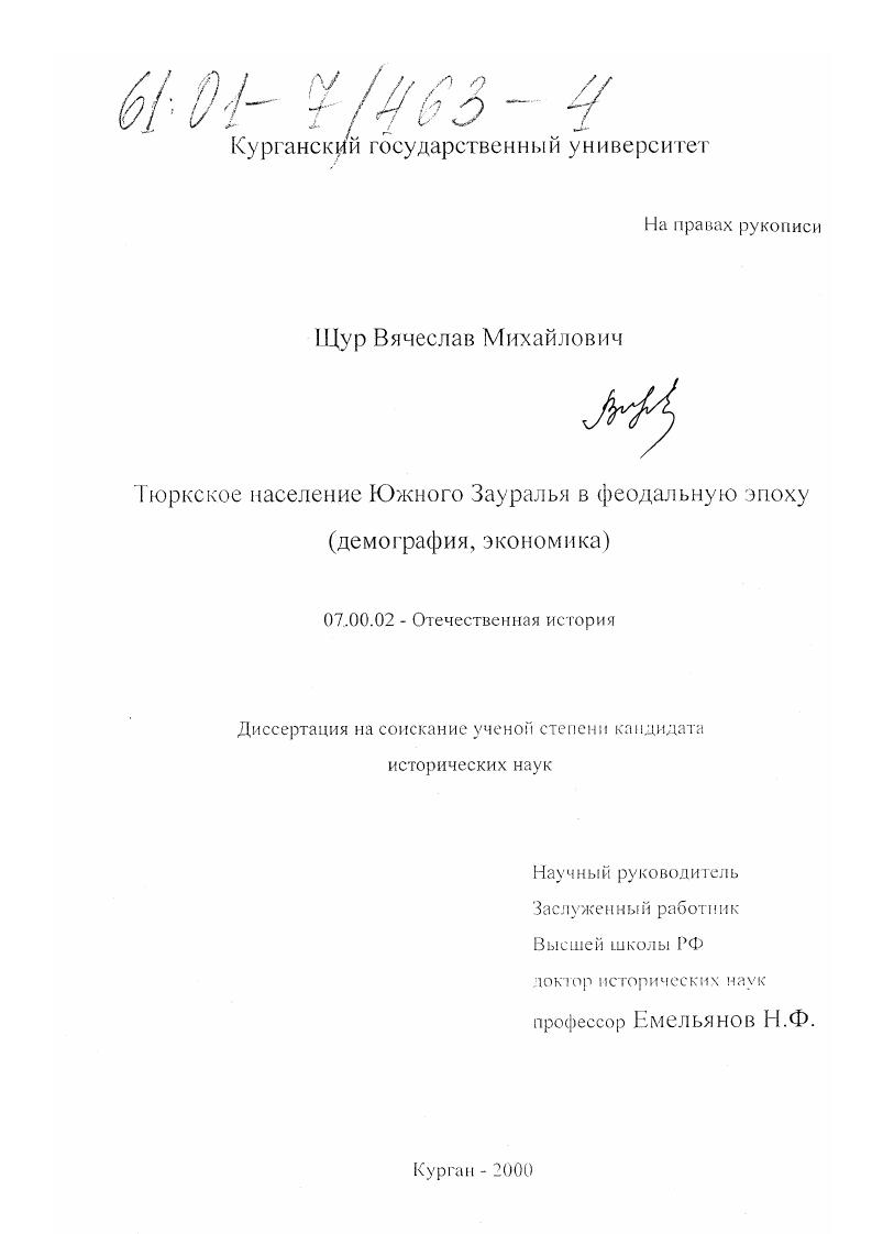Тюркское население Южного Зауралья в феодальную эпоху : Демография, экономика
