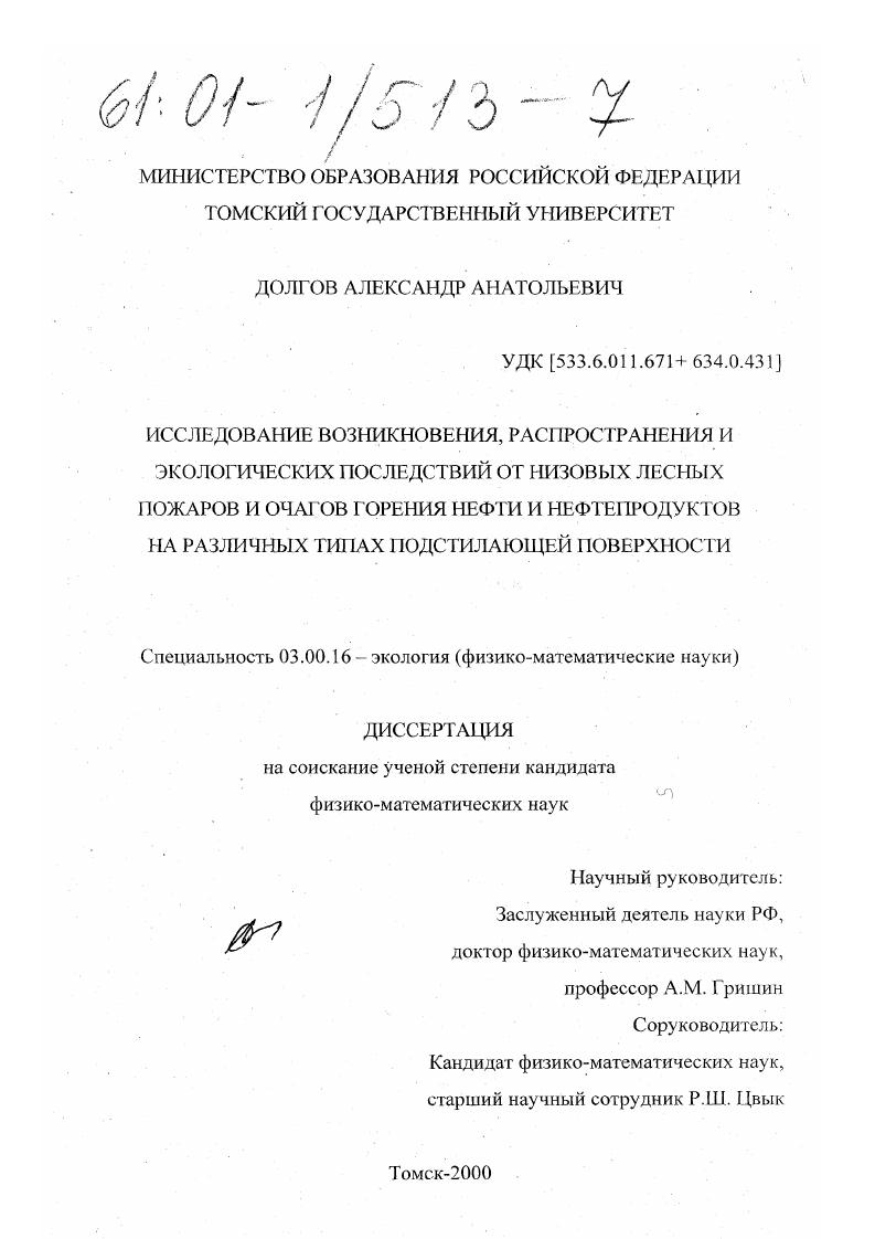 Исследование возникновения, распространения и экологических последствий от низовых лесных пожаров и очагов горения нефти и нефтепродуктов на различных типах подстилающей поверхности
