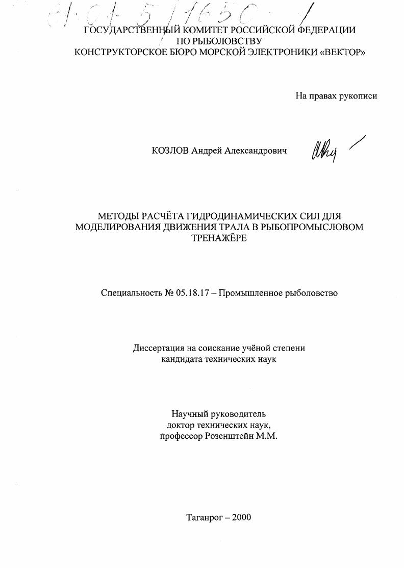 Методы расчета гидродинамических сил для моделирования движения трала в рыбопромысловом тренажере