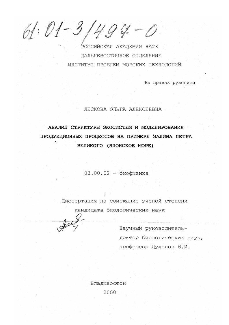 Анализ структуры экосистем и моделирование продукционных процессов на примере залива Петра Великого : Японское море