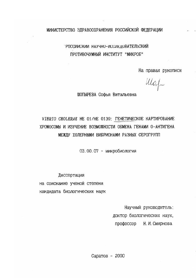 скачать диссертацию Vibrio cholerae he 01/he 0139: генетическое картирование хромосомы и изучение возможности обмена генами О-антигена между холерными вибрионами разных серогрупп Vibrio cholerae he 01/he 0139: генетическое картирование хромосомы и изучение возможности обмена генами О-антигена между холерными вибрионами разных серогрупп