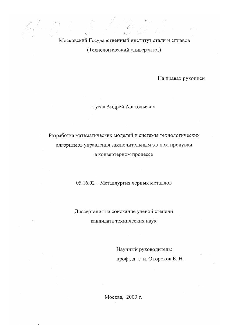 Разработка математических моделей и системы технологических алгоритмов управления заключительным этапом продувки в конвертерном процессе