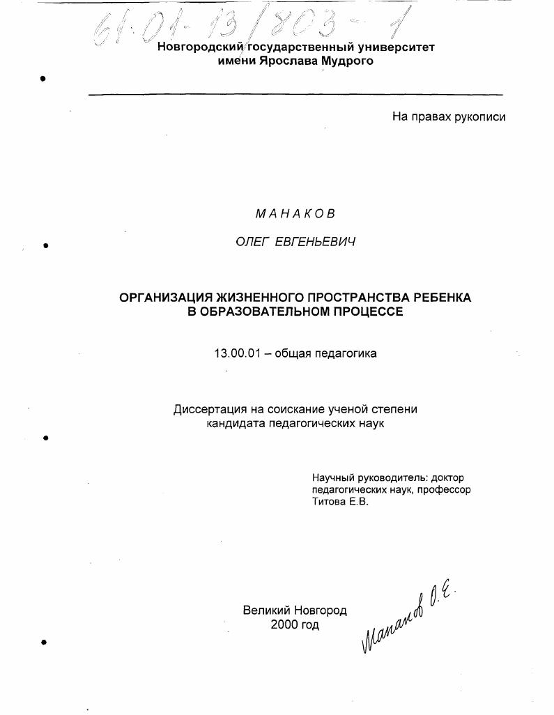 скачать диссертацию Организация жизненного пространства ребенка в образовательном процессе Организация жизненного пространства ребенка в образовательном процессе