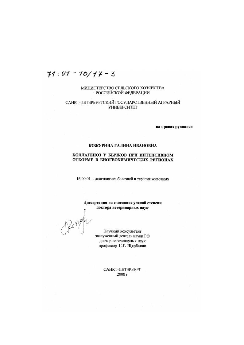 Коллагеноз у бычков при интенсивном откорме в биогеохимических регионах