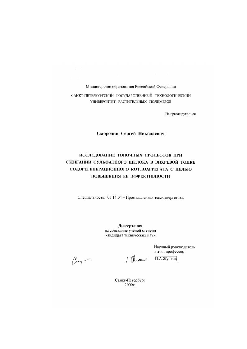 Исследование топочных процессов при сжигании сульфатного щелока в вихревой топке содорегенерационного котлоагрегата с целью повышения ее эффективности