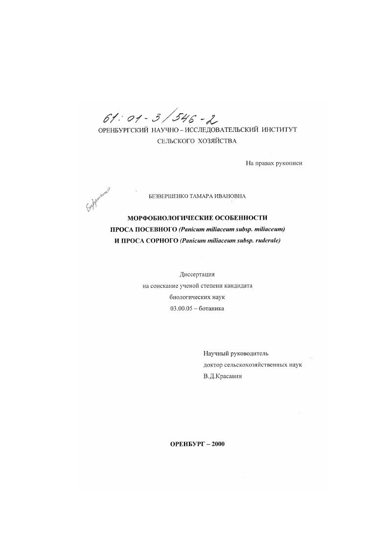 Морфобиологические особенности проса посевного (Panicum miliaceum subsp. miliaceum) и сорного (Panicum miliaceum subsp. ruderale)