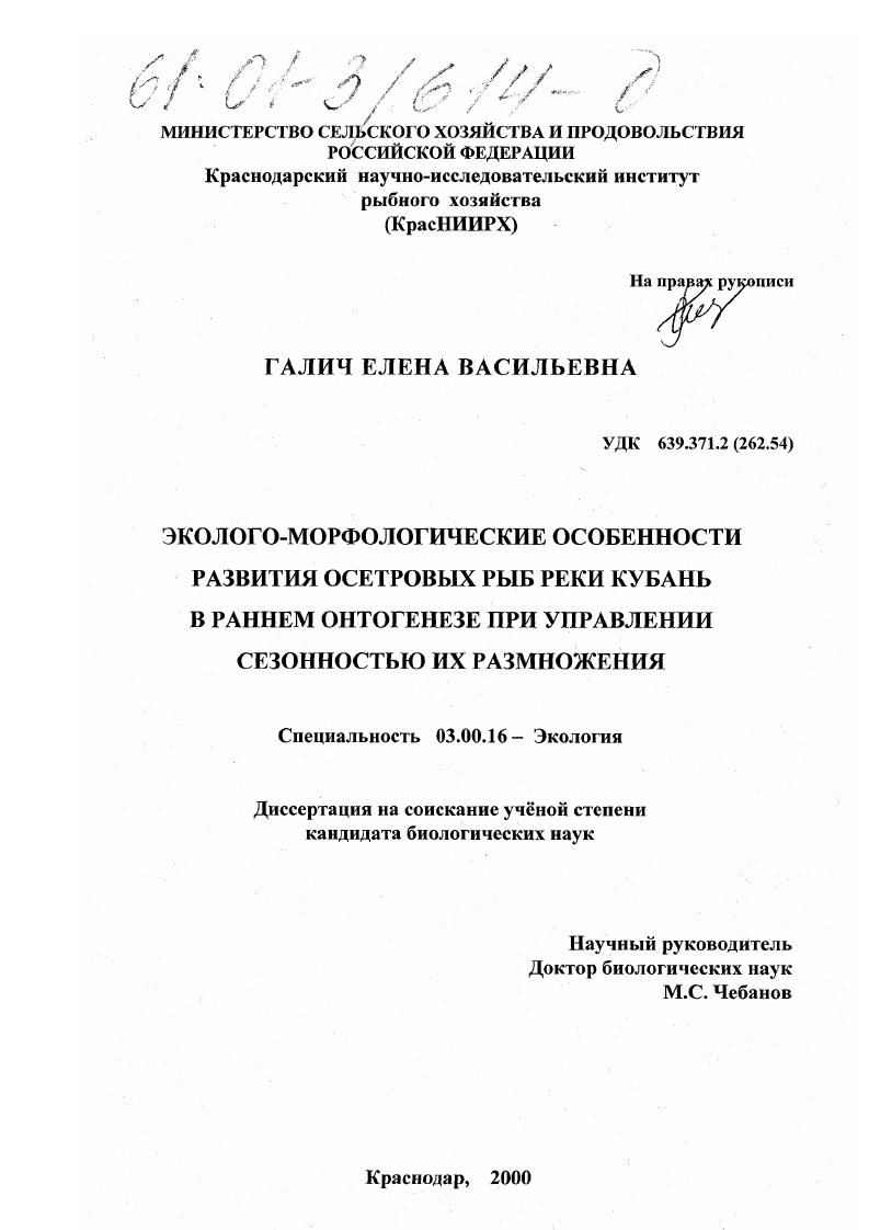 Эколого-морфологические особенности развития осетровых рыб реки Кубань в раннем онтогенезе при управлении сезонностью их размножения