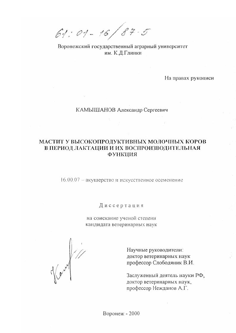 Мастит у высокопродуктивных молочных коров в период лактации и их воспроизводительная функция