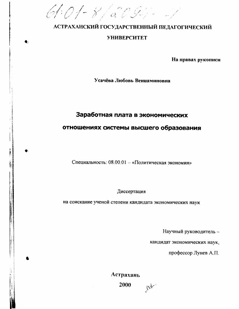 Заработная плата в экономических отношениях системы высшего образования