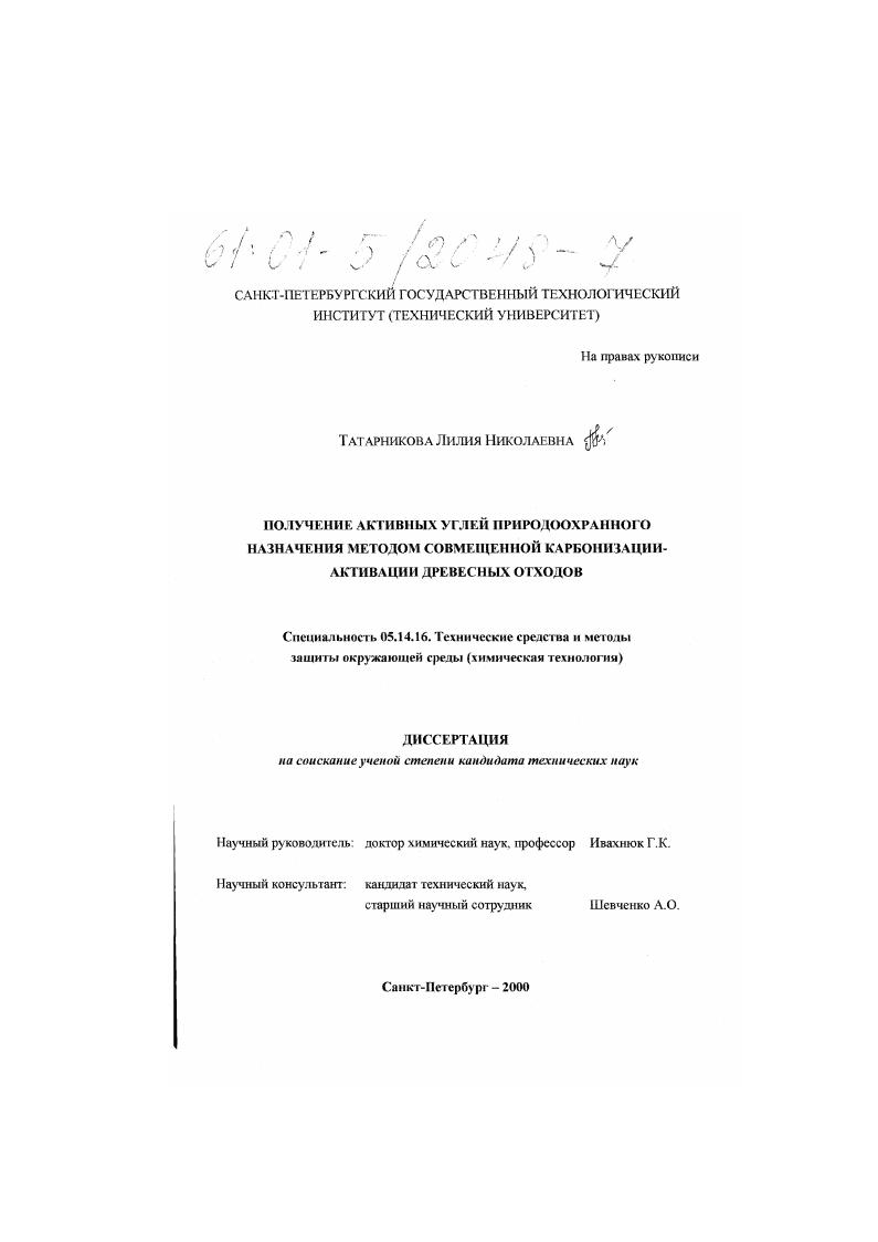 Получение активных углей природоохранного назначения методом совмещенной карбонизации-активации древесных отходов