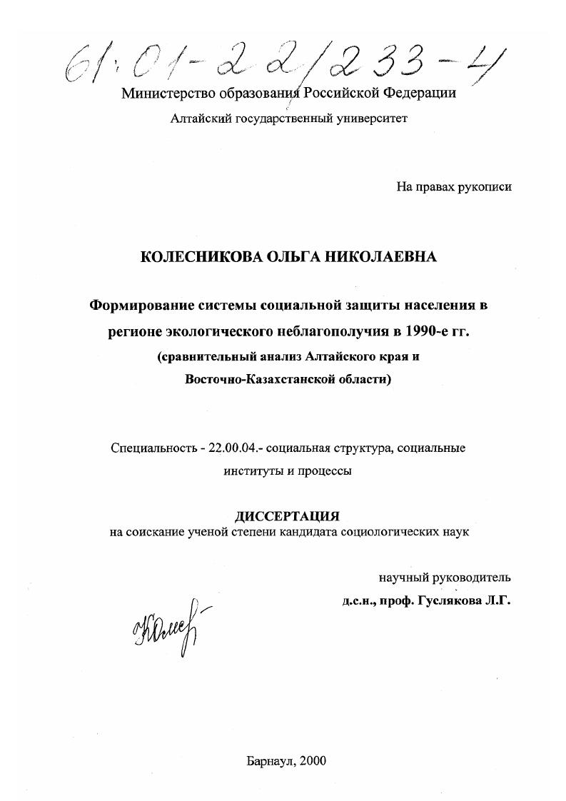 Формирование системы социальной защиты населения в регионе экологического неблагополучия в 1990-е гг. : Сравнительный анализ Алтайского края и Восточно-Казахстанской области