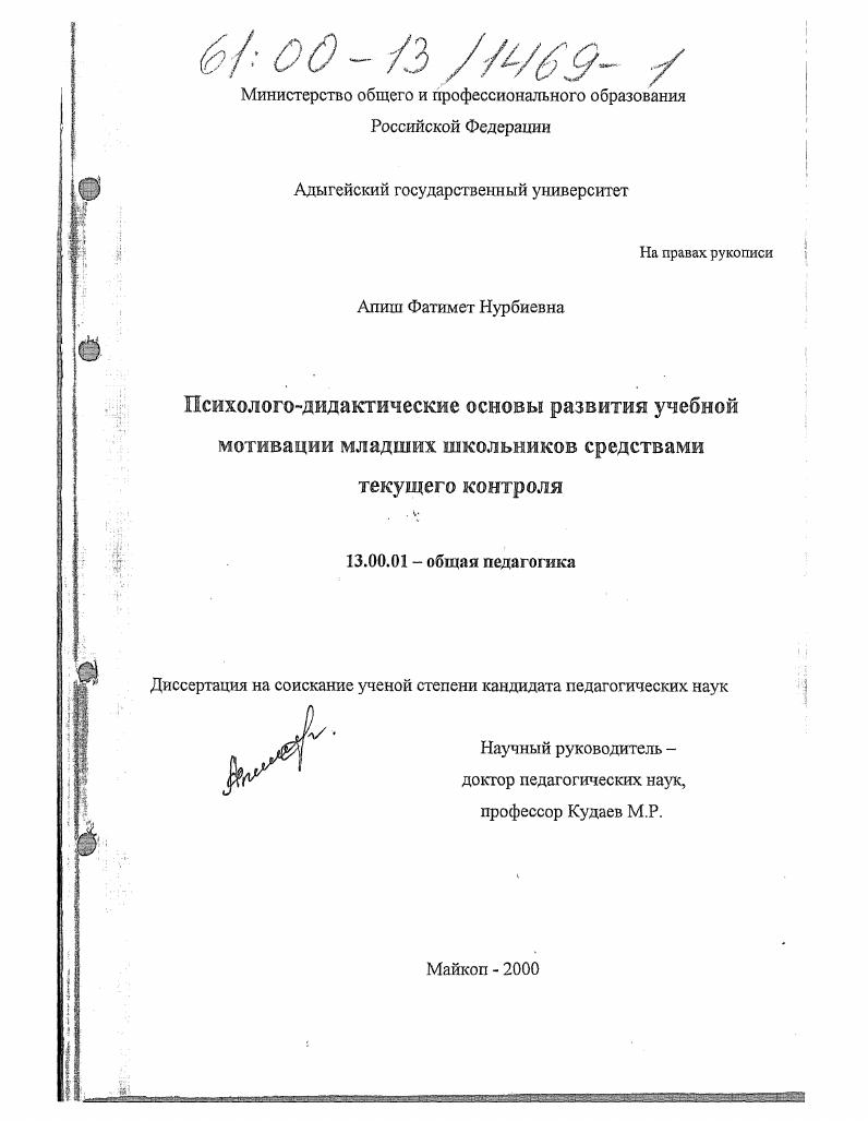 скачать диссертацию Психолого-дидактические основы развития учебной мотивации младших школьников средствами текущего контроля Психолого-дидактические основы развития учебной мотивации младших школьников средствами текущего контроля