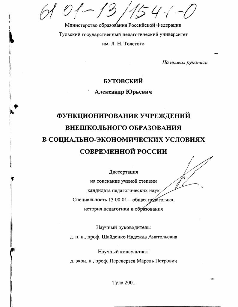 Функционирование учреждений внешкольного образования в социально-экономических условиях современной России