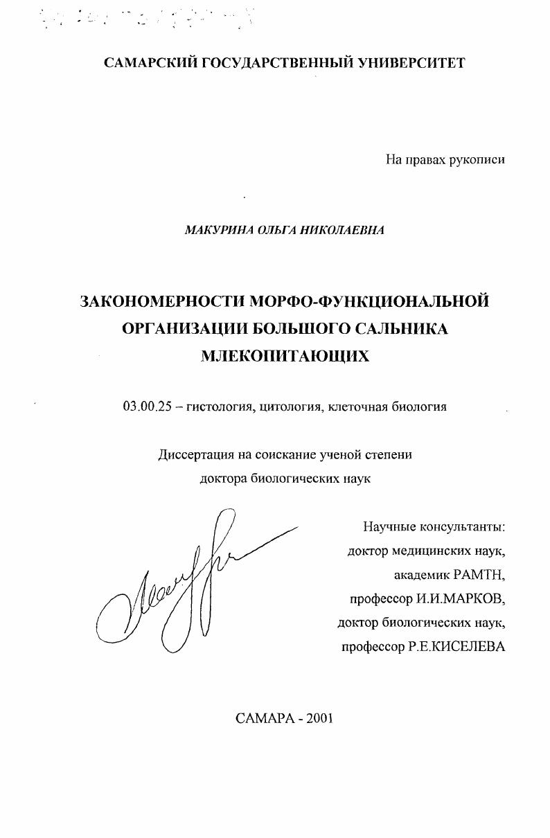 Закономерности морфо-функциональной организации большого сальника млекопитающих