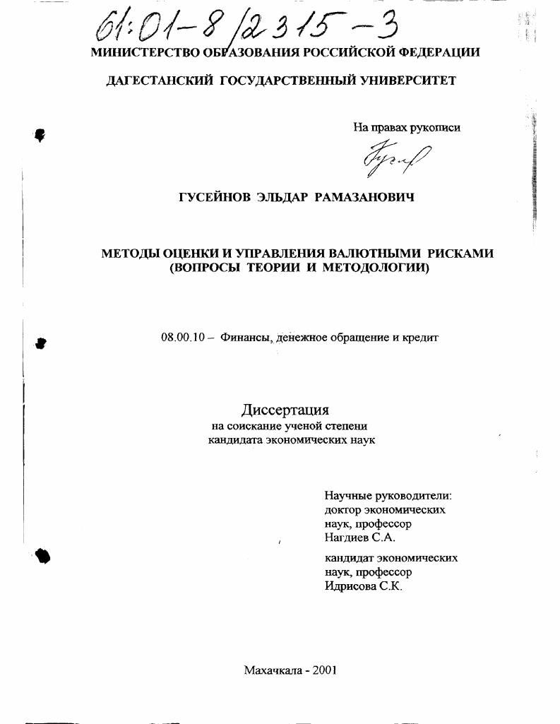 Методы оценки и управления валютными рисками : Вопросы теории и методологии