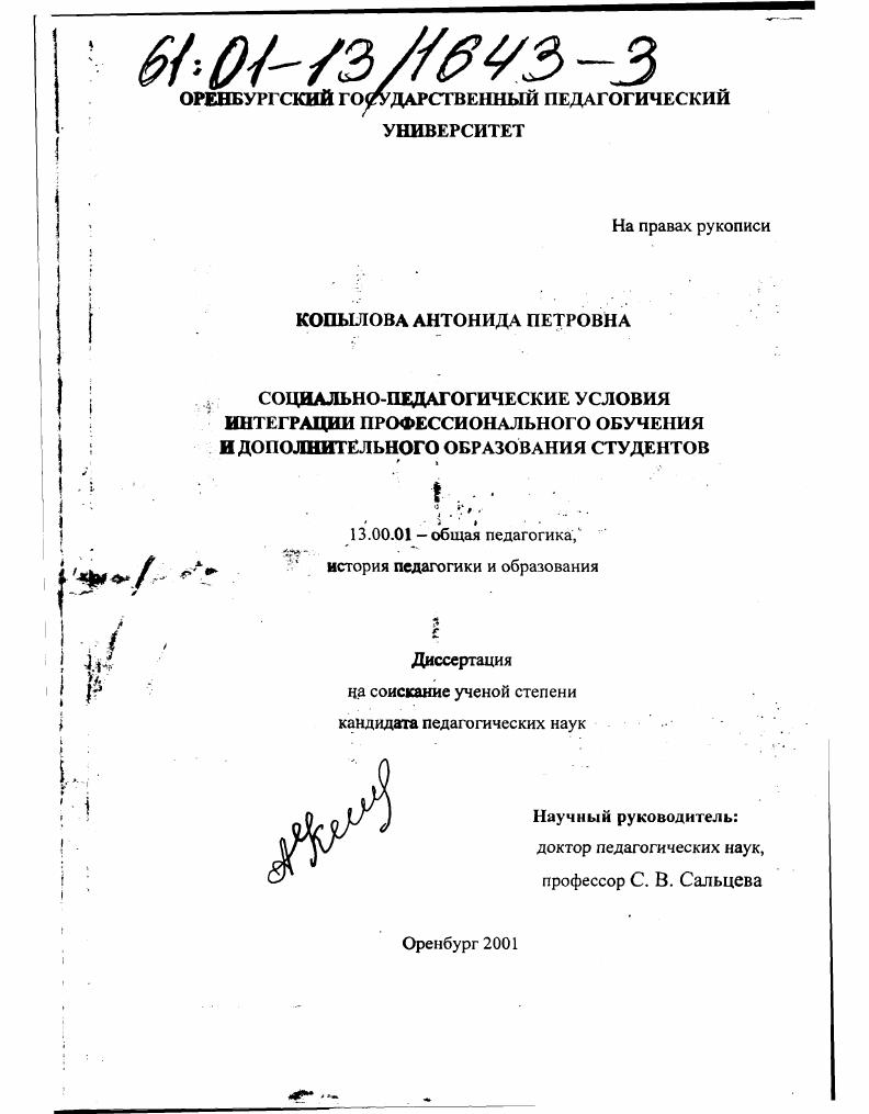 Социально-педагогические условия интеграции профессионального обучения и дополнительного образования студентов